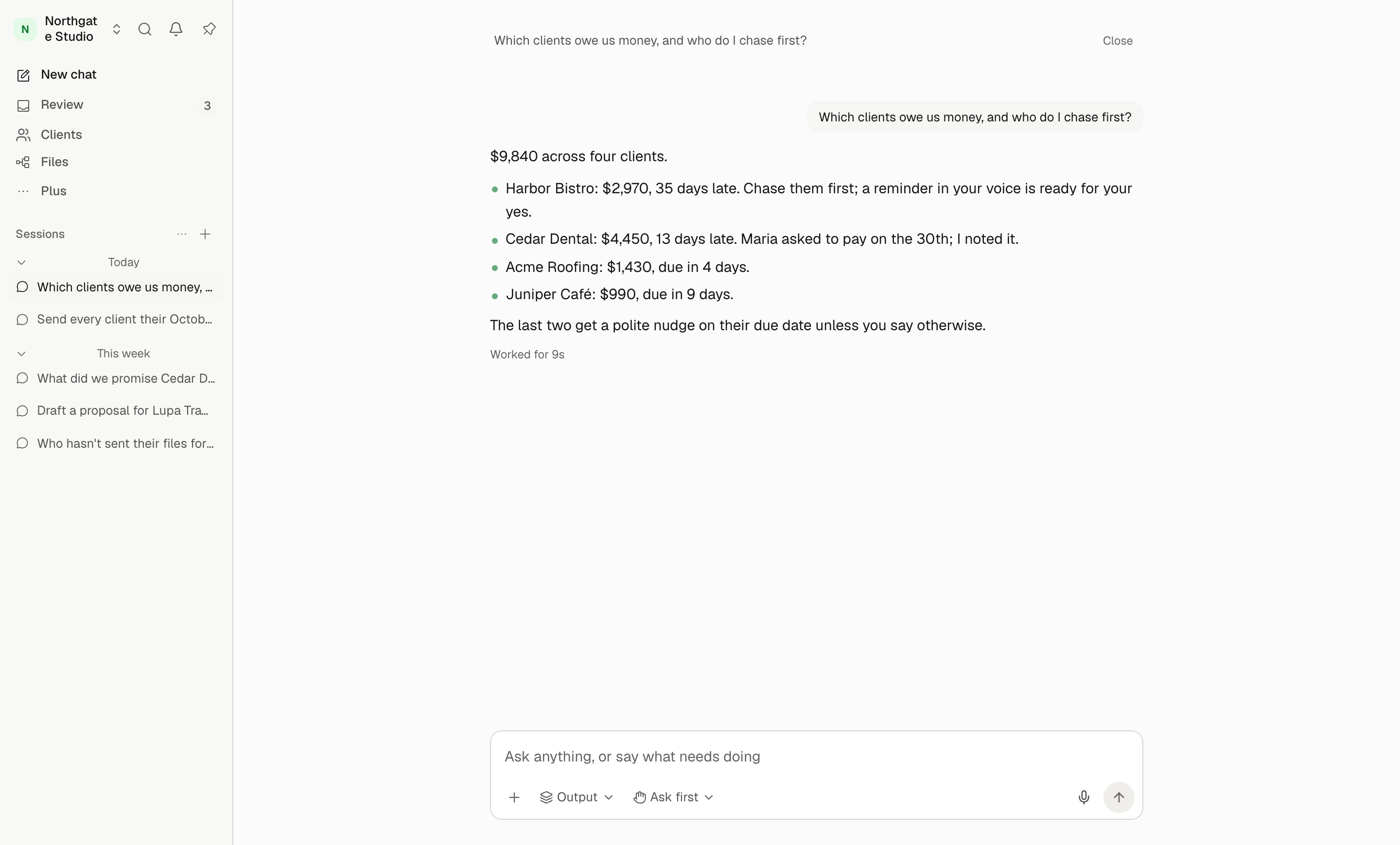 Mycel for a sample firm: chat sessions in the sidebar, and an answer to which clients owe money and who to chase first.